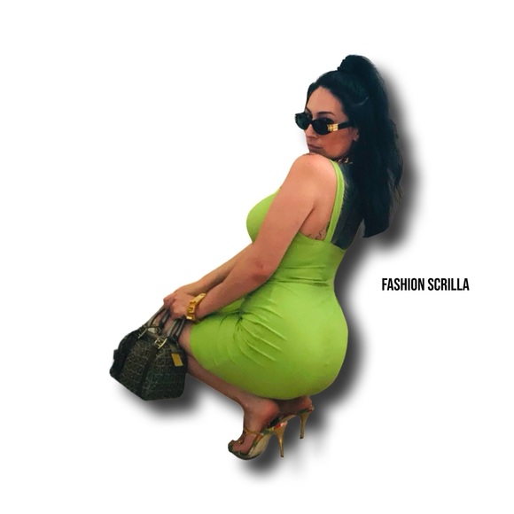 Versace Vintage Neon Lime Green Gold Greek Key Logo One Shoulder Mini Dress - Picture 8 of 11